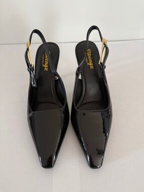 Black Women's Patent Leather Shoes Open Golden Heel Size 7.5